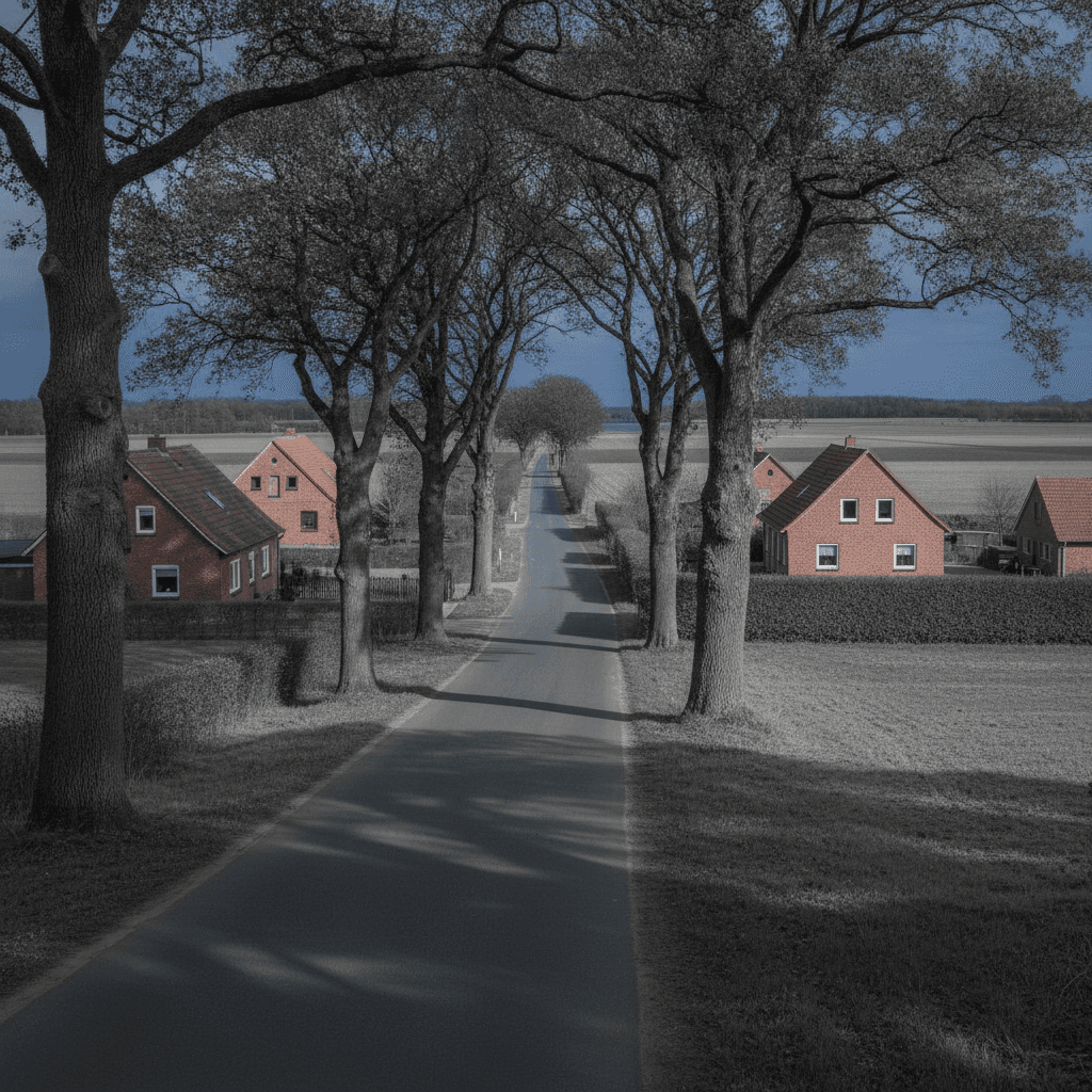 Ländliche Allee mit alten Eichen, dahinter Klinker- und Putzhäuser in flacher norddeutscher Landschaft